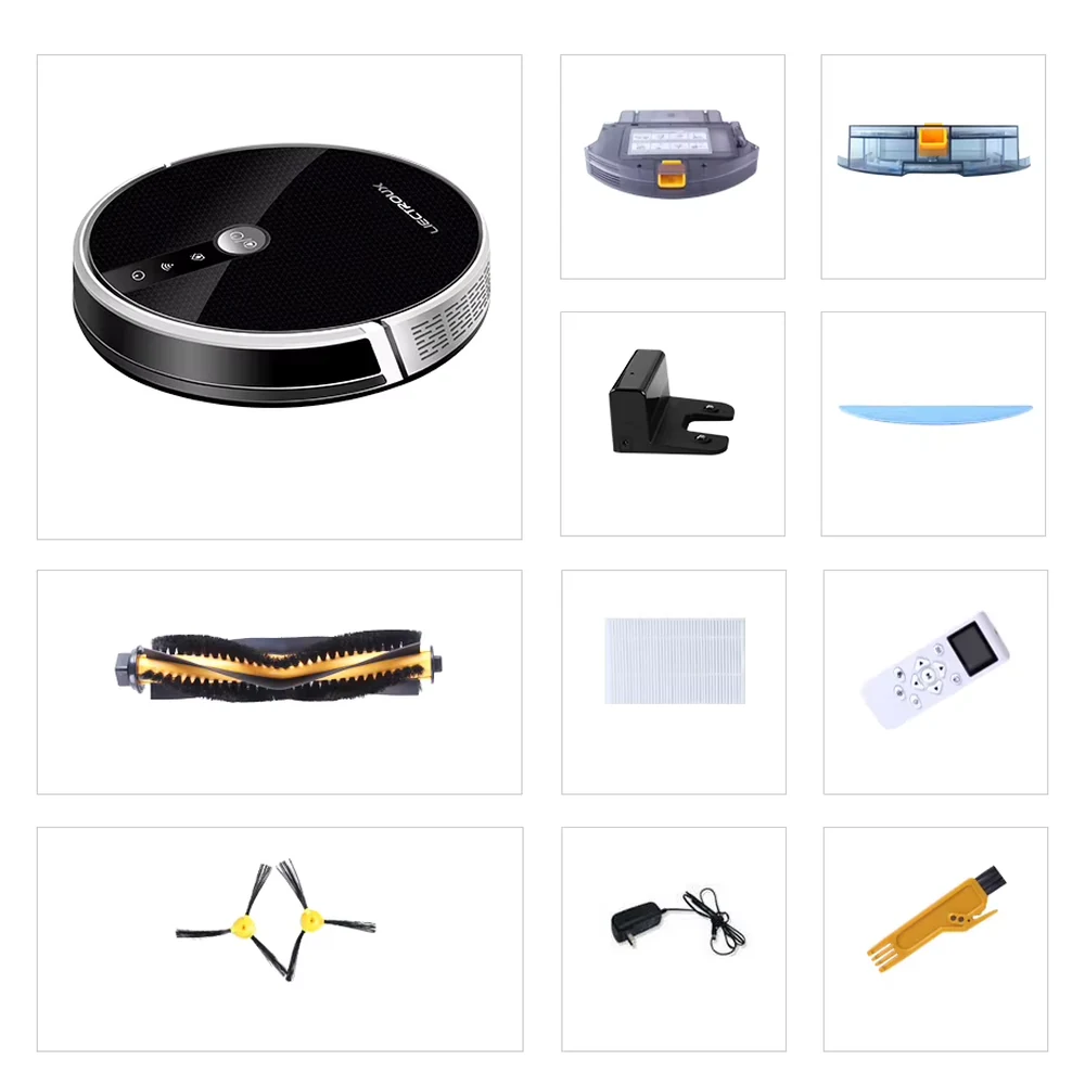 Contenu du pack Liectroux C30B : robot, station de charge, télécommande, bac, réservoir et accessoires