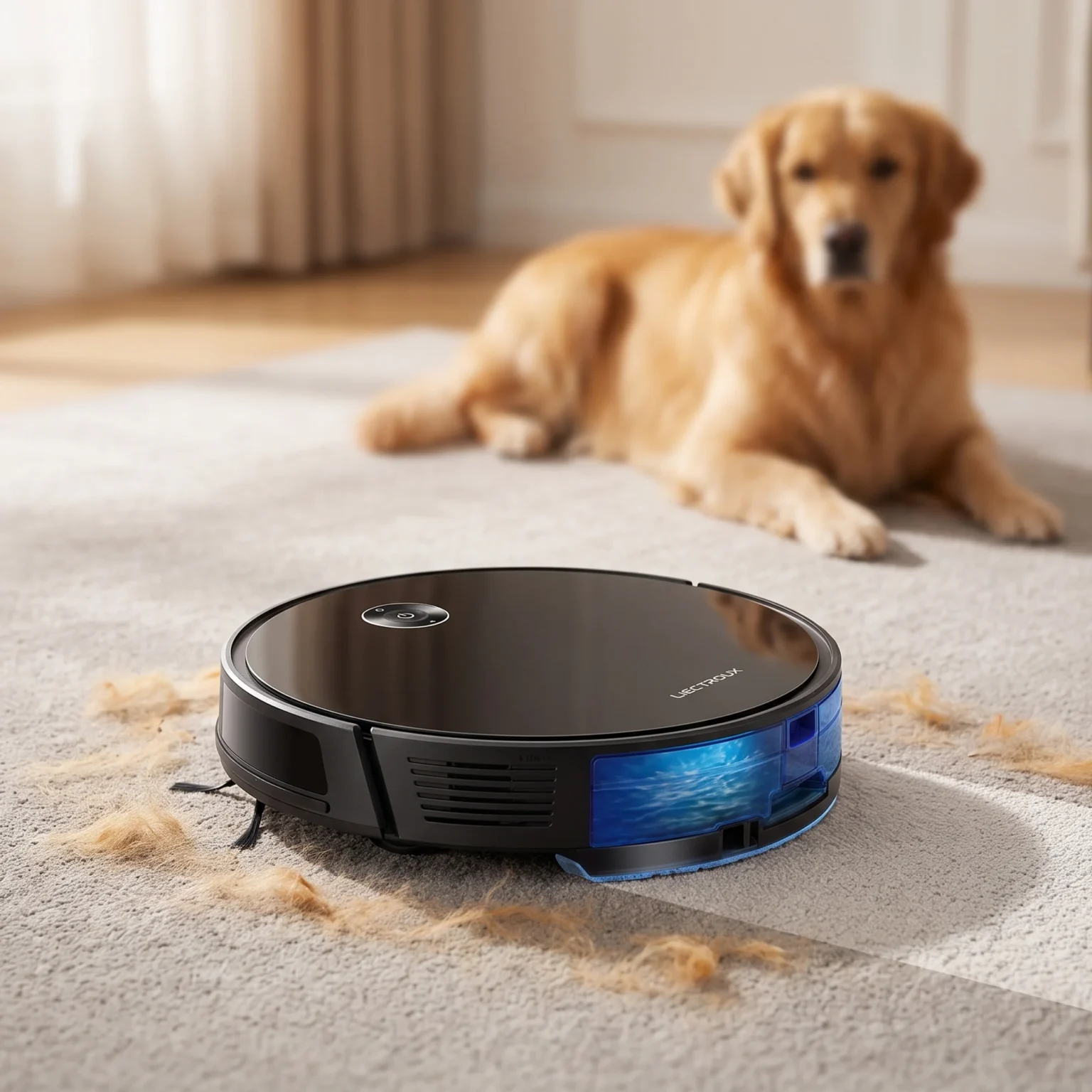 Le Liectroux C7 aspire les poils d'un chien sur un tapis