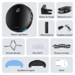 Contenu du pack Liectroux C7 : robot, station de charge, réservoir 2-en-1, télécommande, adaptateur, brosses, filtre HEPA, serpillière et notice