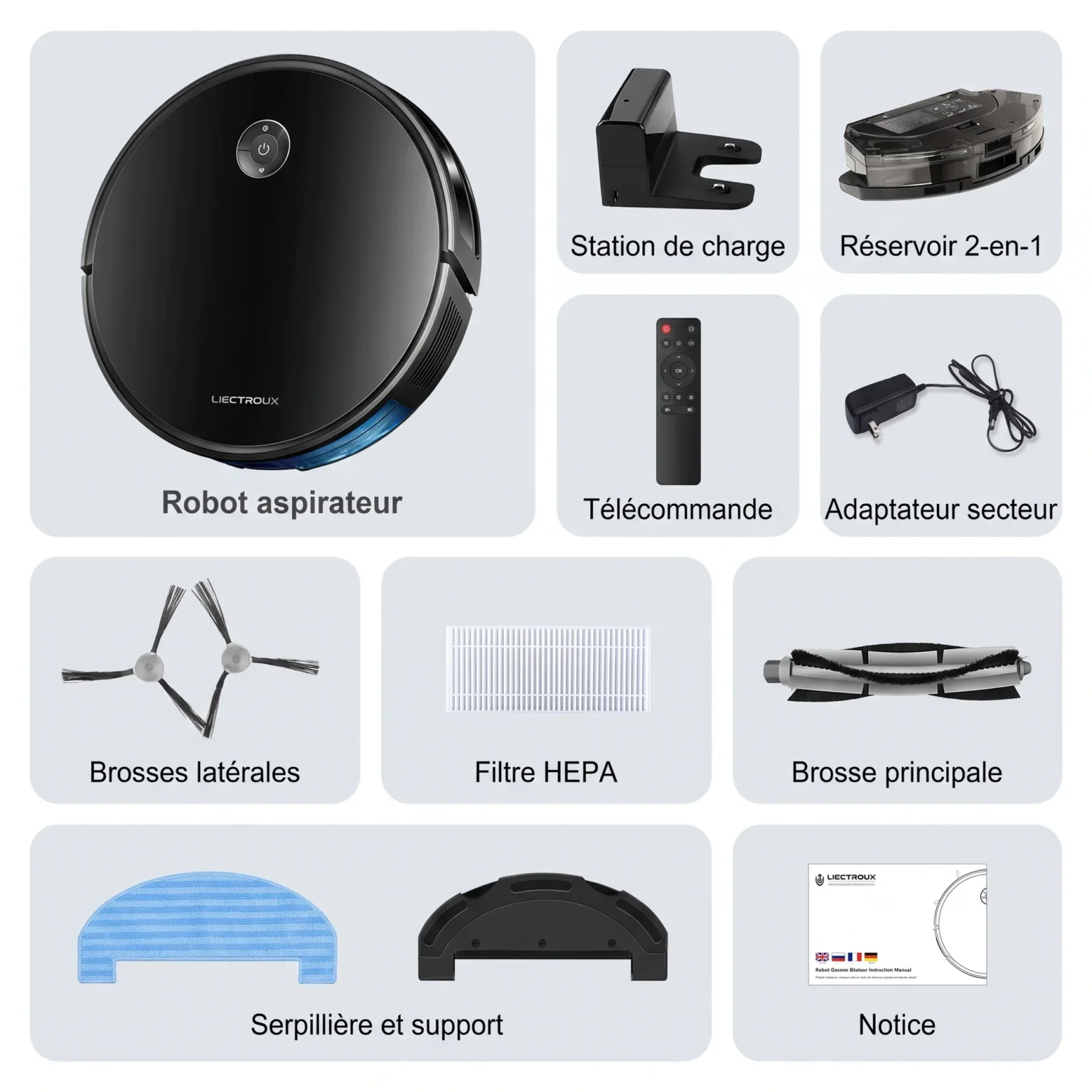 Contenu du pack Liectroux C7 : robot, station de charge, réservoir 2-en-1, télécommande, adaptateur, brosses, filtre HEPA, serpillière et notice