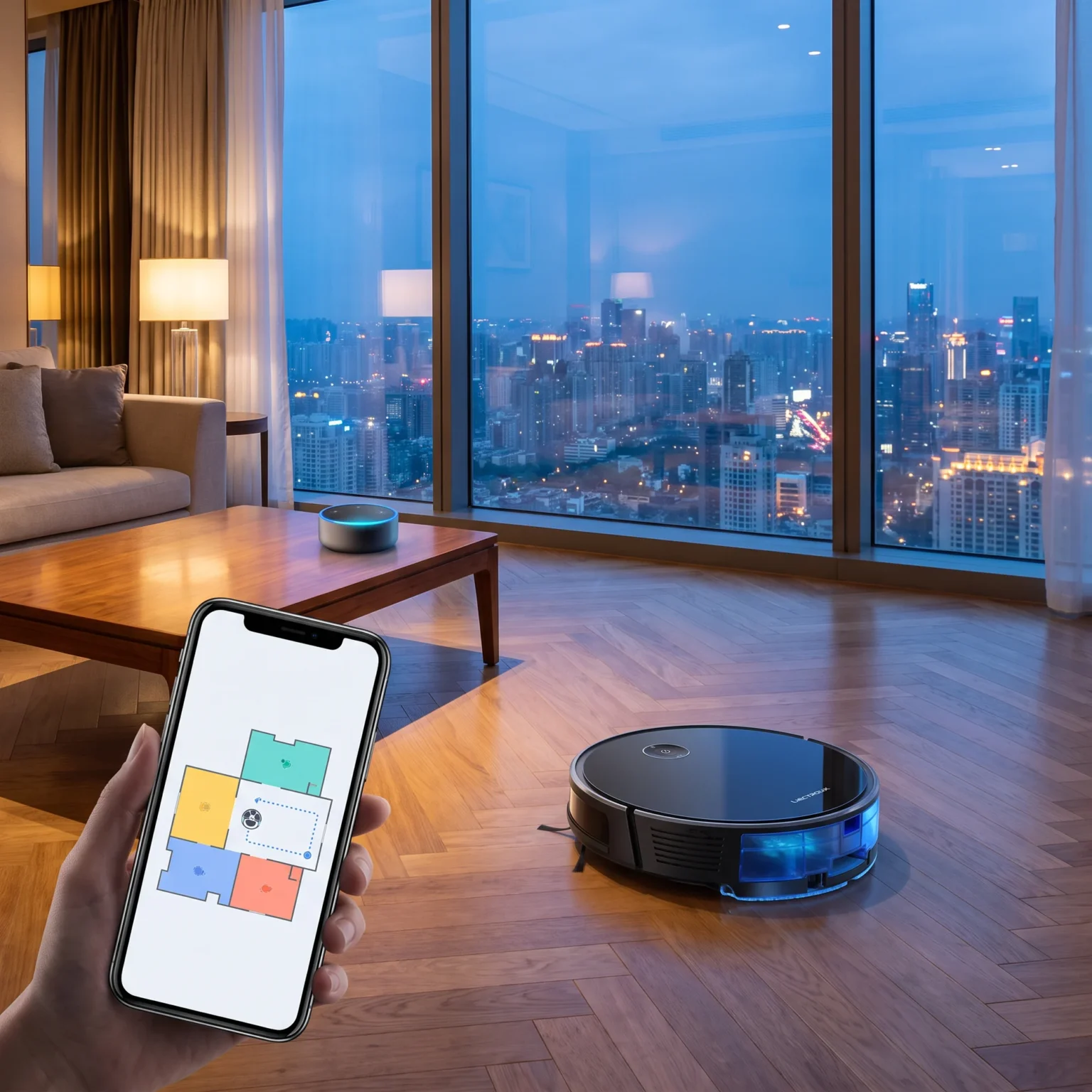 Carte du Liectroux C7 sur smartphone et enceinte connectée dans un salon