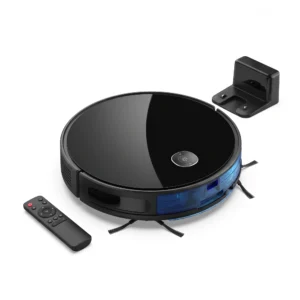 Robot aspirateur laveur Liectroux C7 avec sa station de charge et sa télécommande sur fond blanc