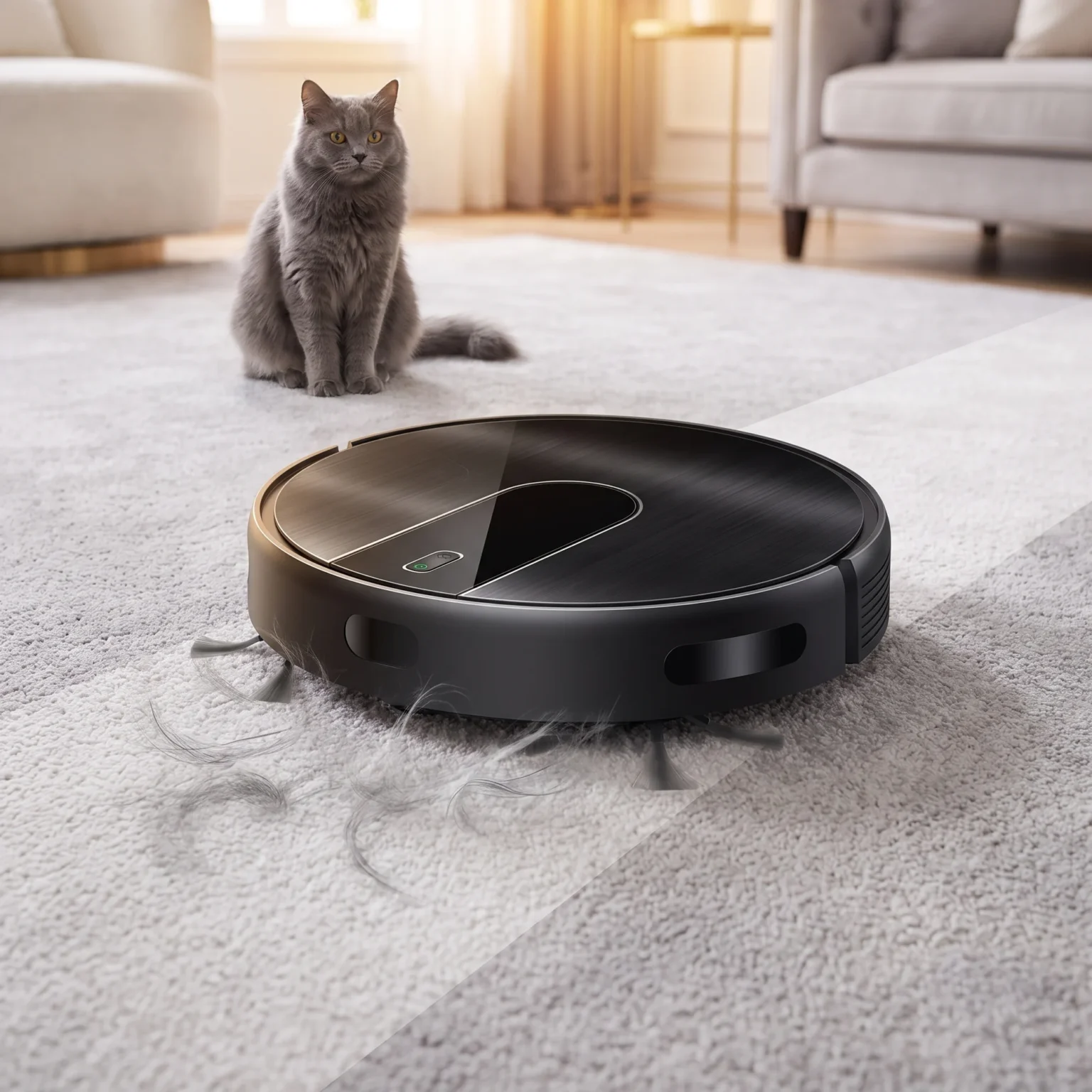 Le Liectroux N7S-U aspire les poils d'un chat sur un tapis