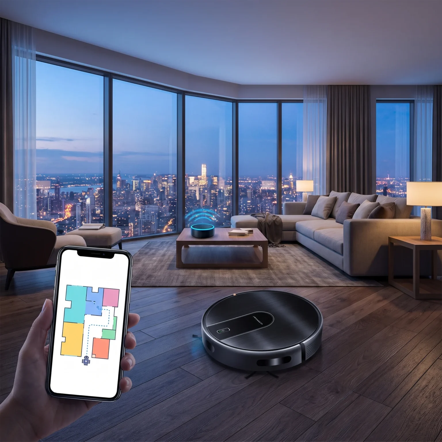 Carte du Liectroux N7S-U sur smartphone et enceinte connectée dans un salon