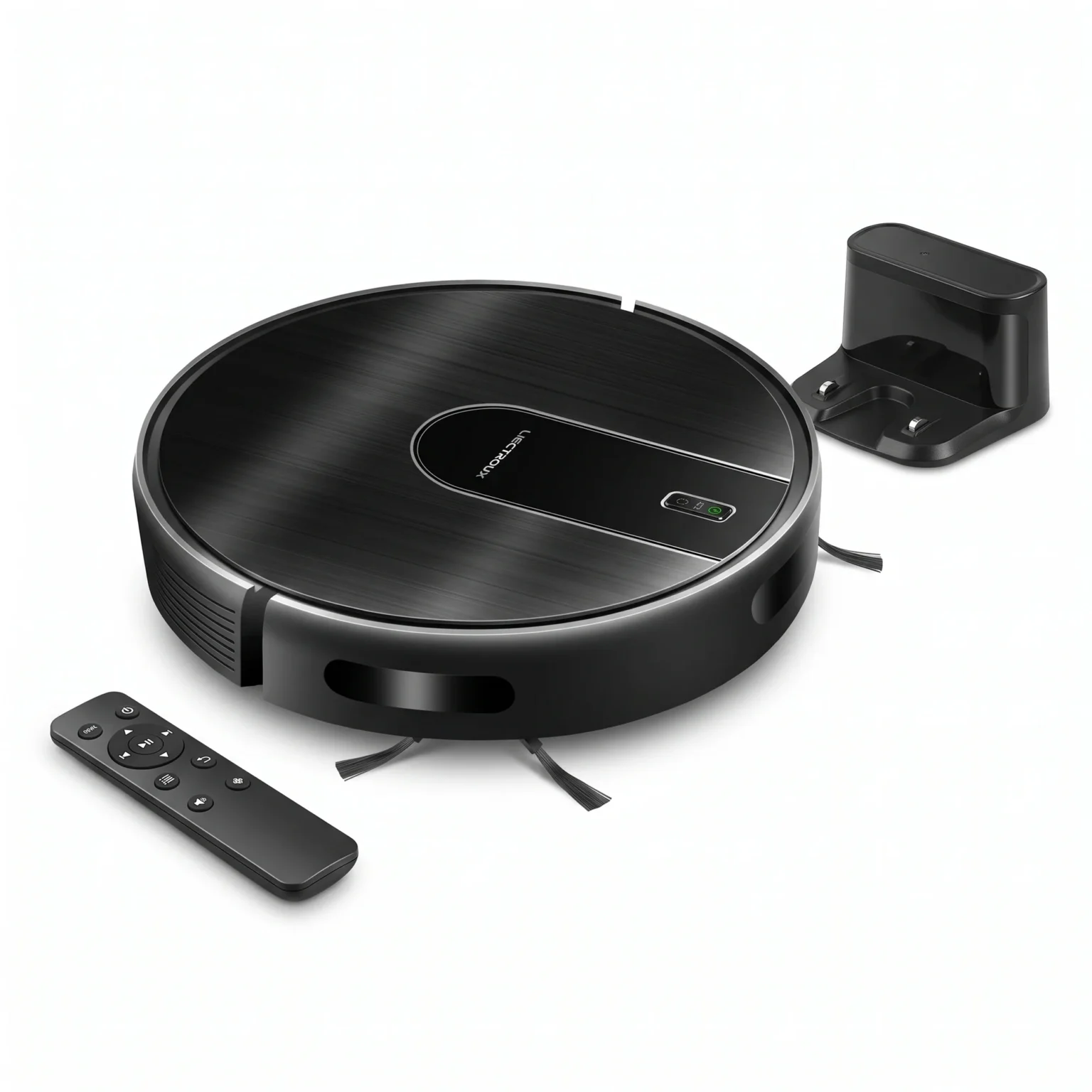 Robot aspirateur laveur Liectroux N7S-U avec sa station de charge et sa télécommande sur fond blanc