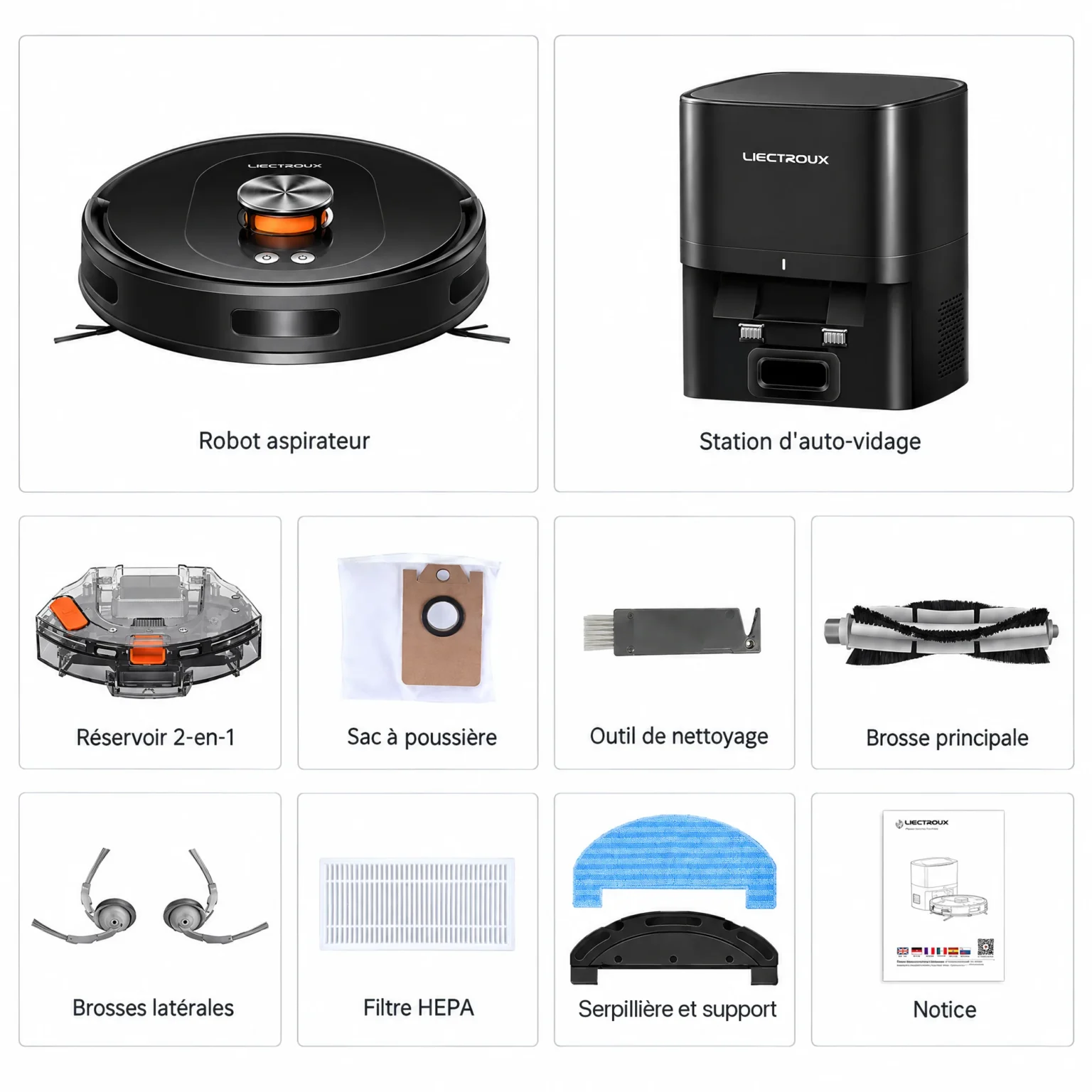 Contenu du pack Liectroux T9 : robot, station d'auto-vidage, réservoir 2-en-1, sac, brosses, filtre HEPA, serpillière et notice