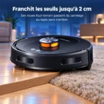 Le Liectroux T9 franchit un seuil de porte entre parquet et tapis