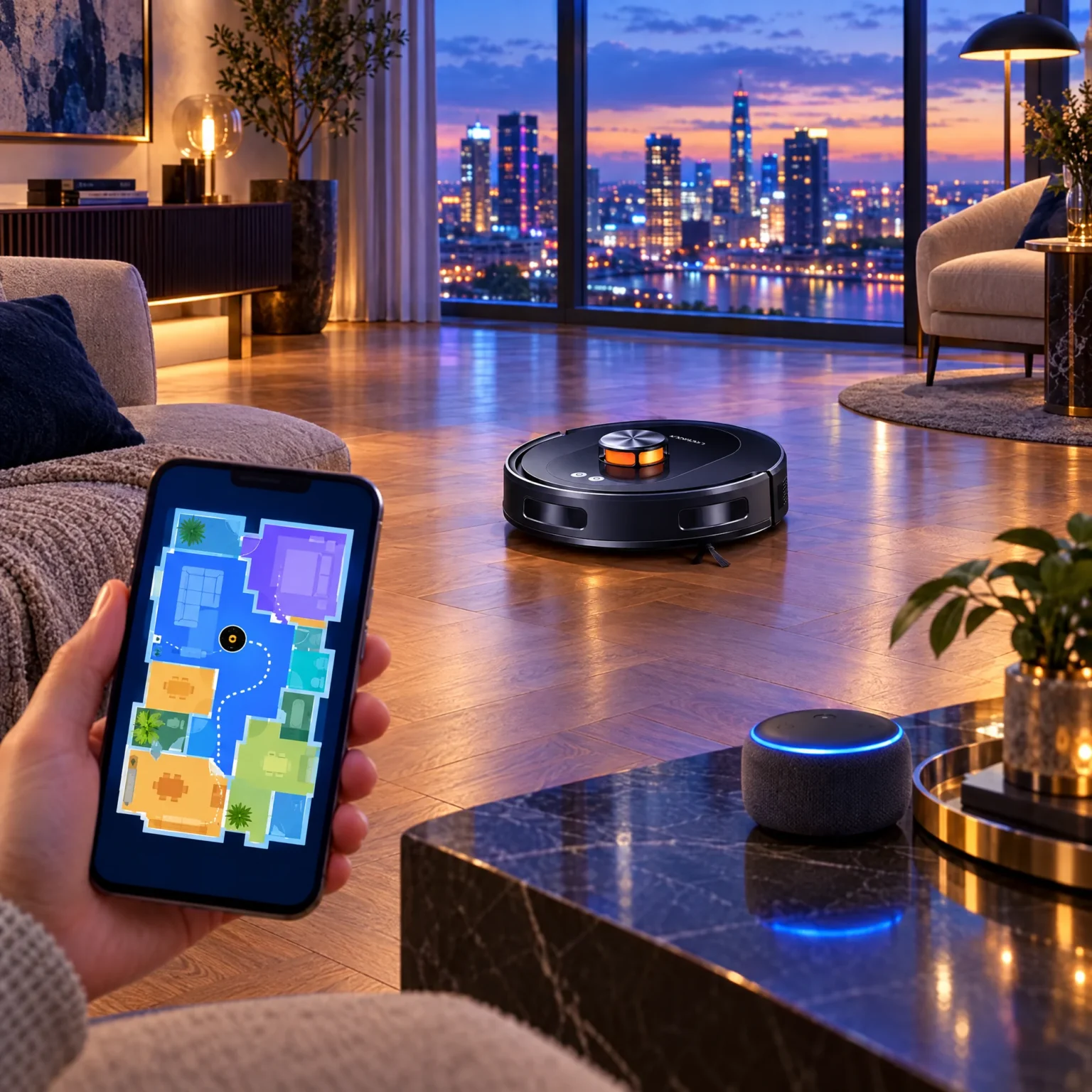 Carte du Liectroux T9 sur smartphone et enceinte connectée dans un salon