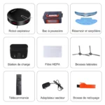 Contenu du pack Liectroux V3S Pro : robot, bac, réservoir et serpillière, station de charge, filtre HEPA, brosses, télécommande, adaptateur