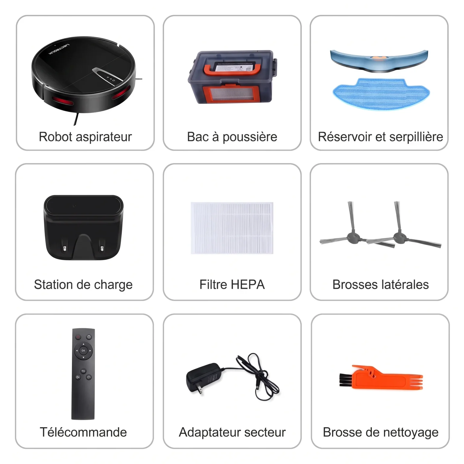 Contenu du pack Liectroux V3S Pro : robot, bac, réservoir et serpillière, station de charge, filtre HEPA, brosses, télécommande, adaptateur