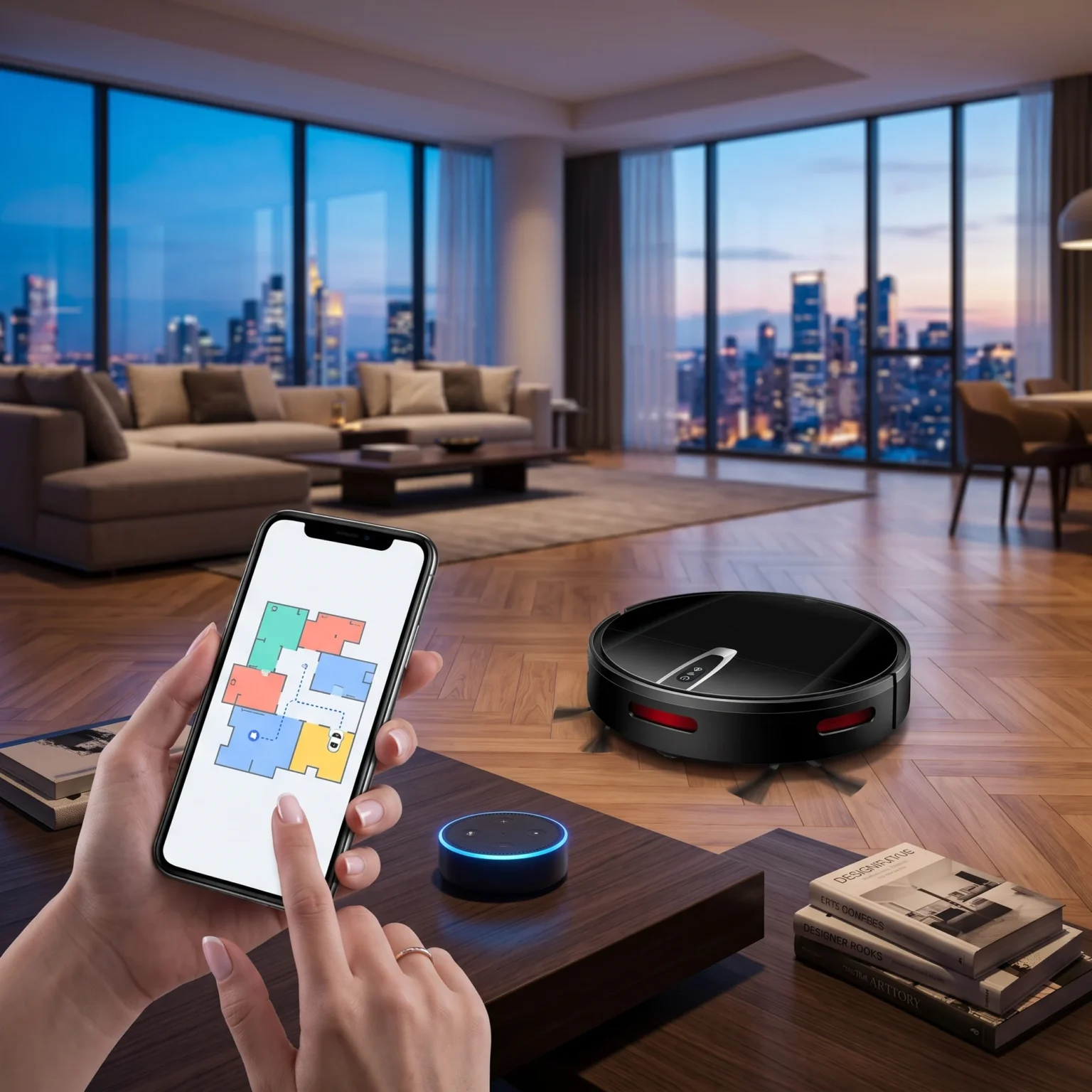 Carte du Liectroux V3S Pro sur smartphone et enceinte connectée dans un salon