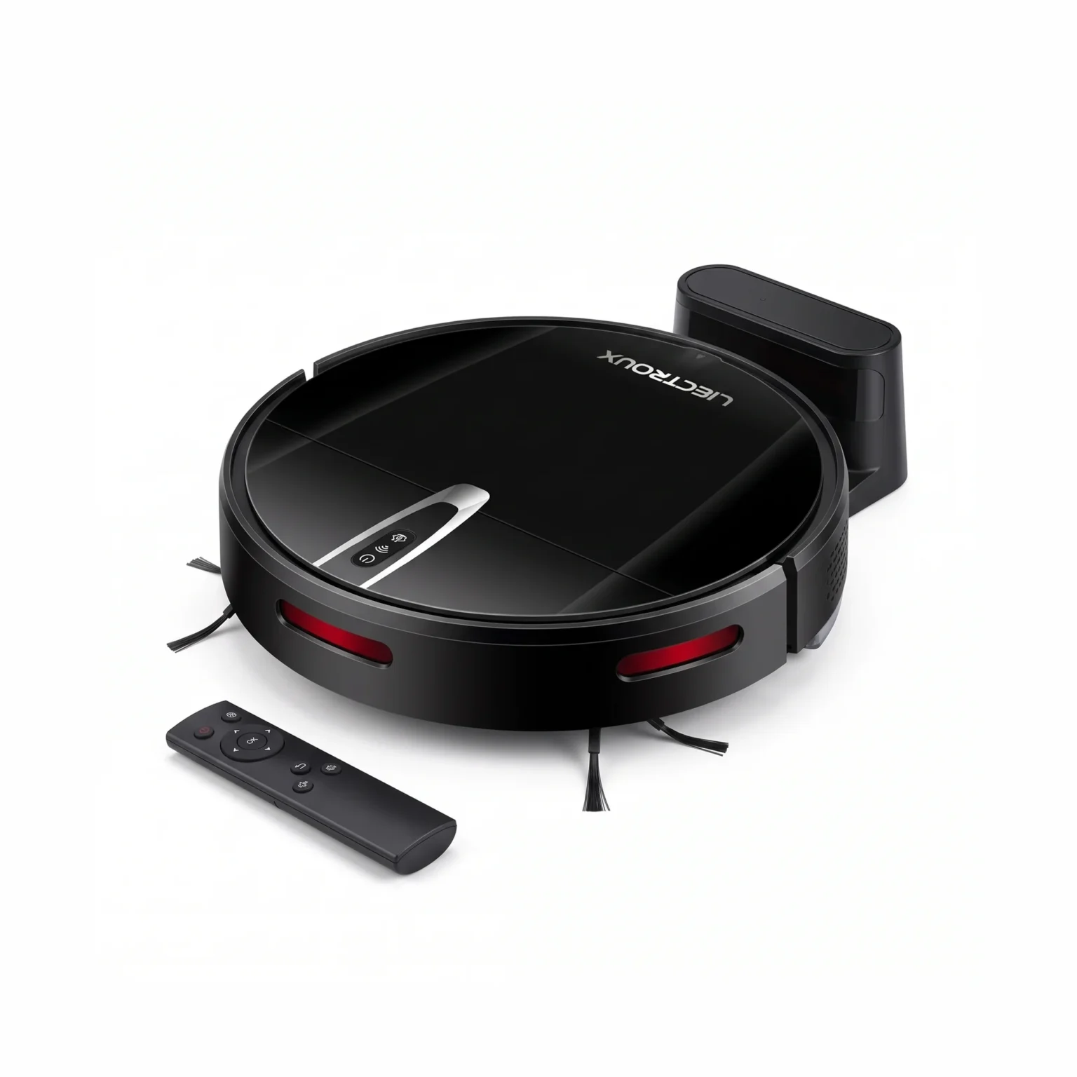 Robot aspirateur laveur Liectroux V3S Pro avec sa station de charge et sa télécommande sur fond blanc